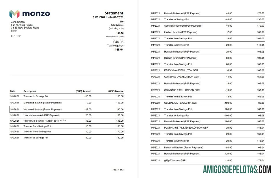 Modelo de extrato bancário Monzo do Reino Unido para impressão em formato Excel e PDF (3 páginas)