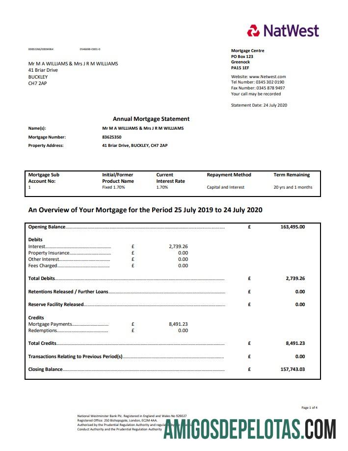 Exemplo de comprovante de endereço do NatWest Bank do Reino Unido em formato Word e PDF (.doc e .pdf)
