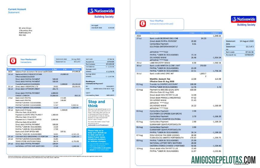 Modelo de extrato bancário nacional do Reino Unido para impressão em formato .doc e .pdf (5 páginas)