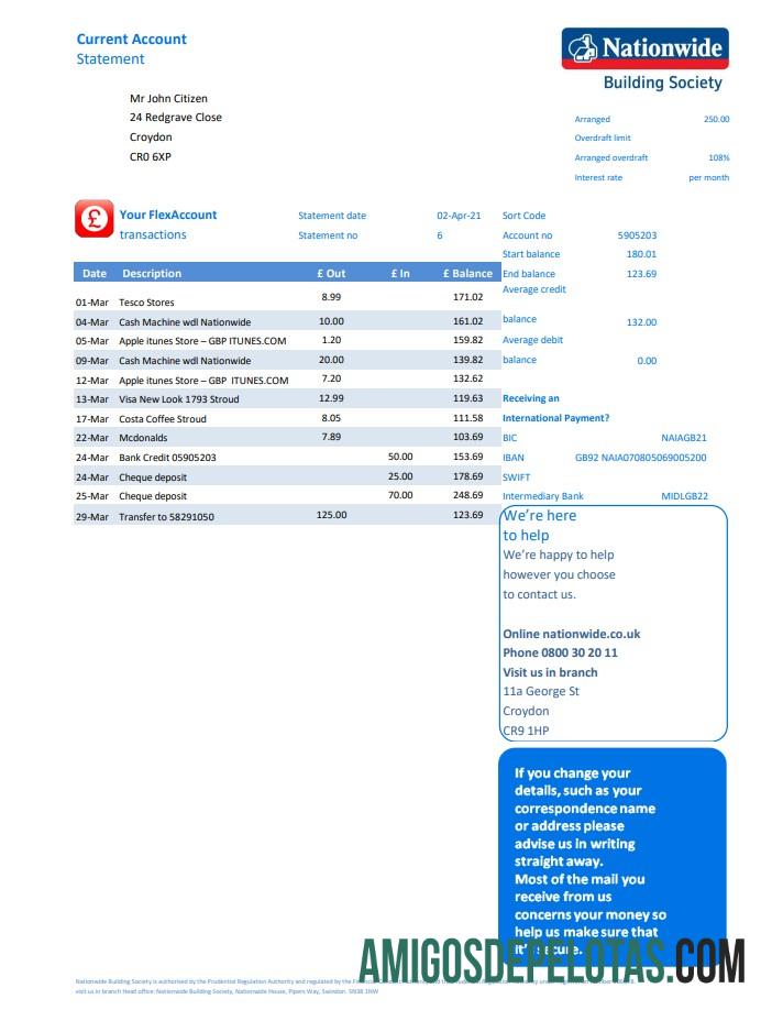 Modelo de extrato bancário nacional em branco do Reino Unido em formato de arquivo Excel e PDF