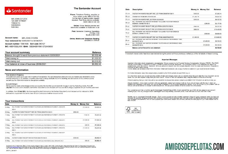 Modelo realista de extrato bancário Santander do Reino Unido em formato Excel e PDF (2 páginas)