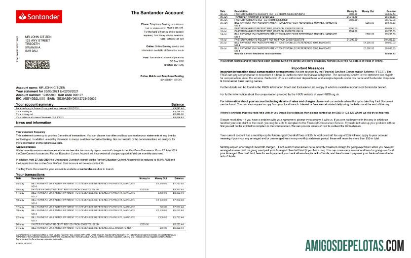 Modelo realista de extrato bancário Santander do Reino Unido em formato Word e PDF (2 páginas)