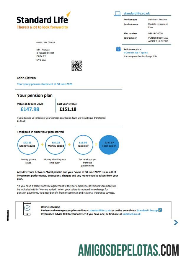 Comprovante de residência padrão do Reino Unido Declaração de pensão em formato Word e PDF (.doc e .pdf) exemplo