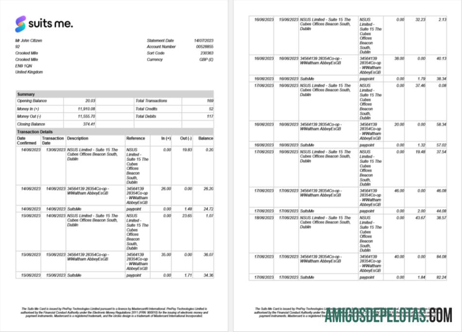 realista Reino Unido Suits Me Extrato bancário modelo Word e PDF, 2 páginas