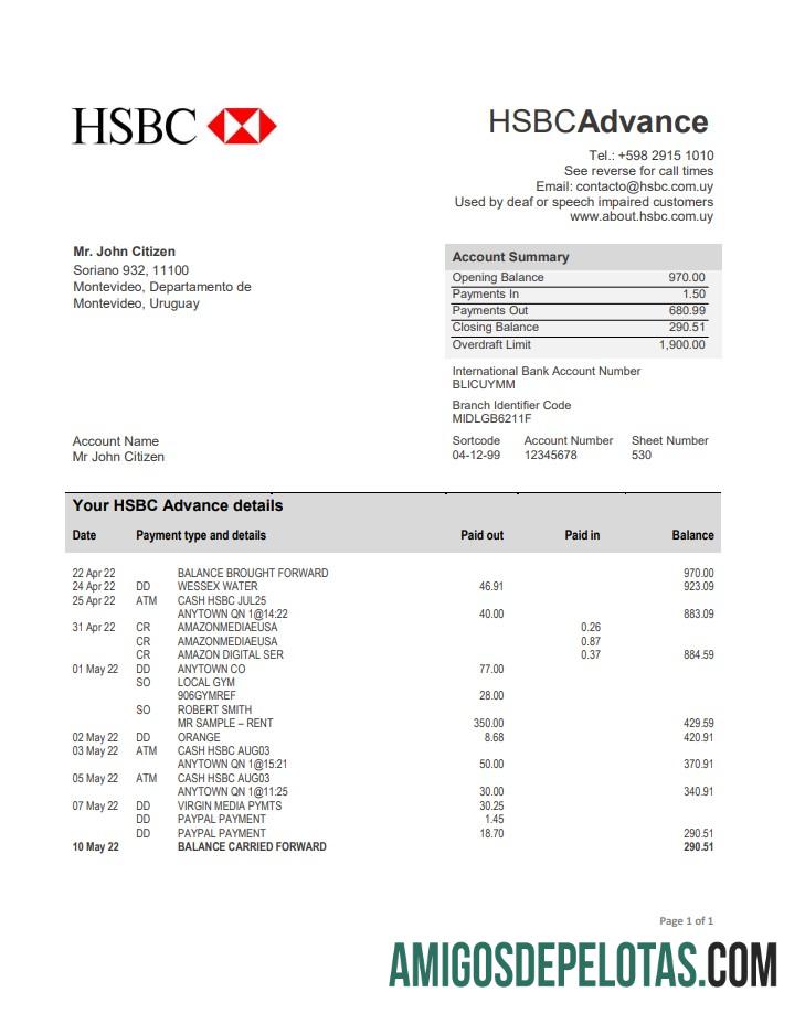 Exemplo de extrato bancário HSBC do Uruguai