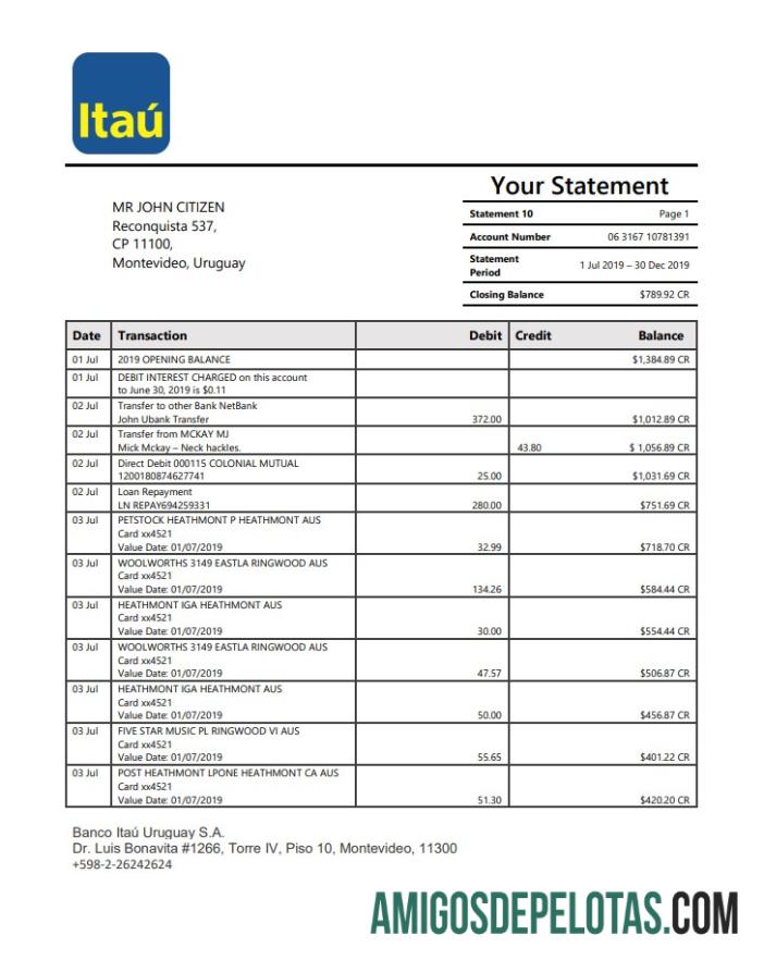 Modelo de extrato bancário Uruguai Itaú para download em formato Word e PDF
