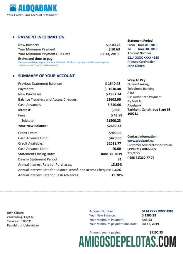 Modelo de comprovante de endereço para impressão do Uzbequistão Aloqabank em formato Word e PDF