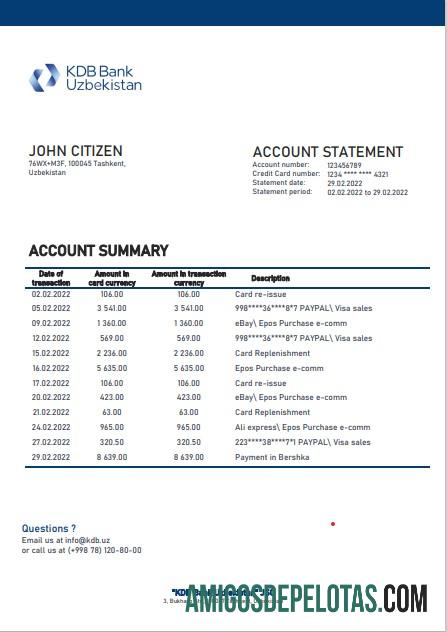 Modelo de extrato bancário KDB do Uzbequistão em branco em formato Word e PDF