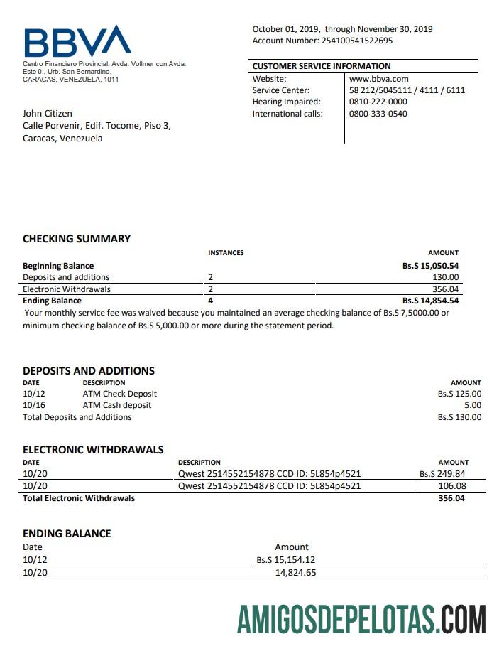 Venezuela BBVA Bank amostra
