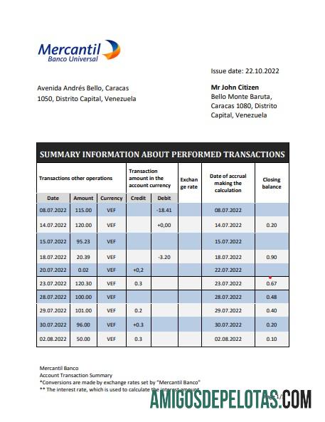 Modelo de extrato bancário mercantil da Venezuela para impressão em formato Word e PDF