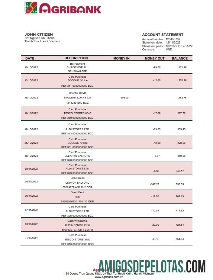 Exemplo de extrato bancário do Agribank do Vietnã