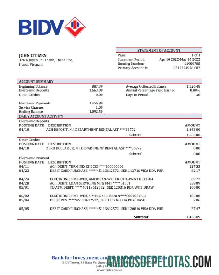 Vietnam BIDV extrato bancário amostra
