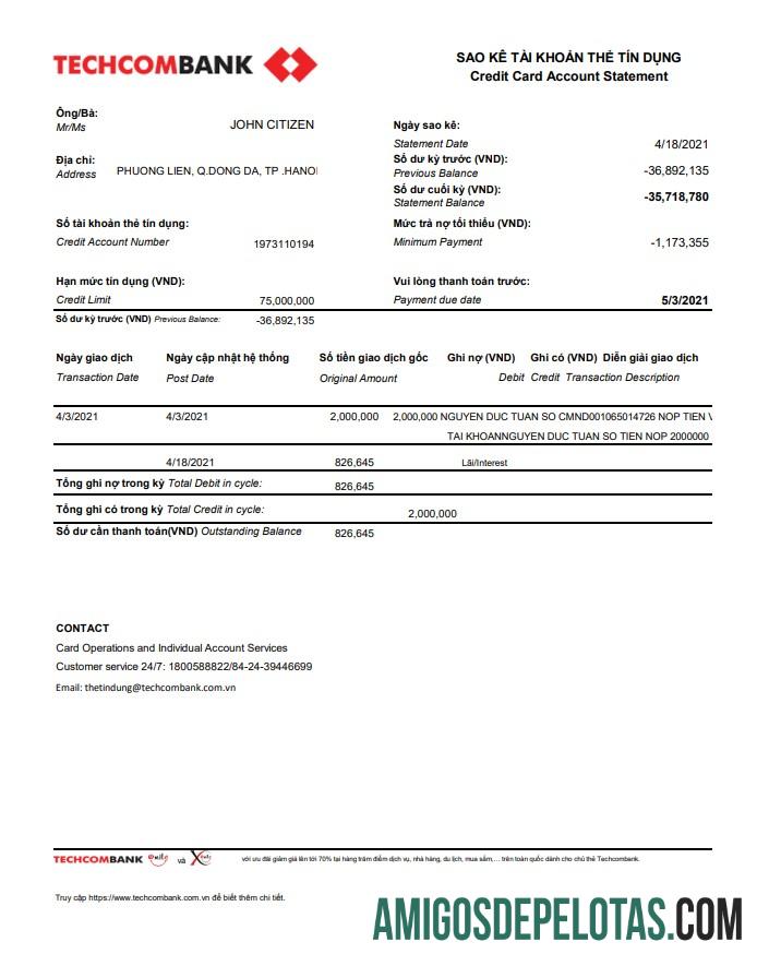 Vietnam Techcombank Excel Pdf amostra