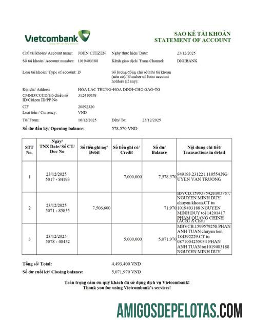 Extrato de conta do Vietnã Vietcombank para download, modelo Word e PDF, versão 2