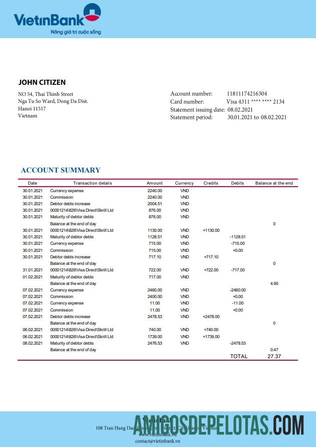 Vietnam Vietinbank amostra