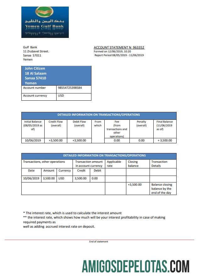 Modelo de extrato bancário do Golfo do Iêmen