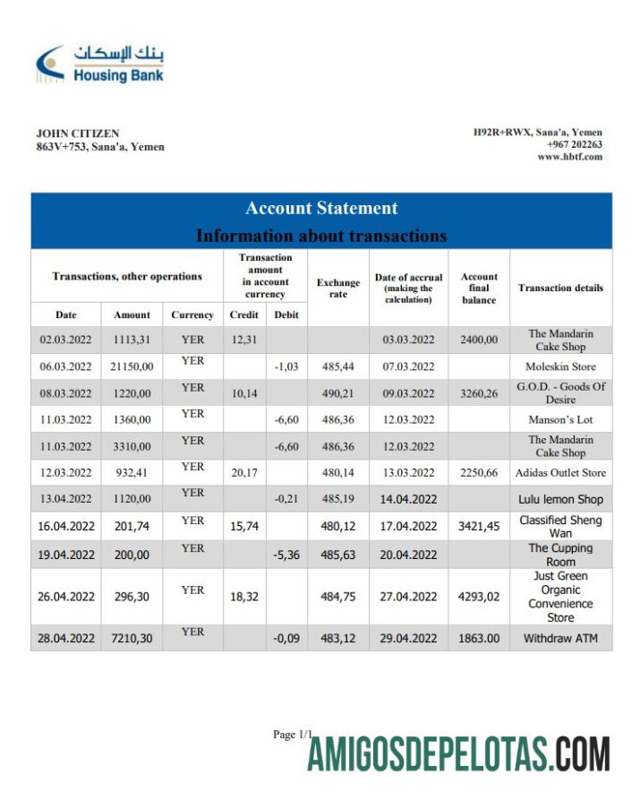 Exemplo de extrato do Banco de Habitação do Iêmen