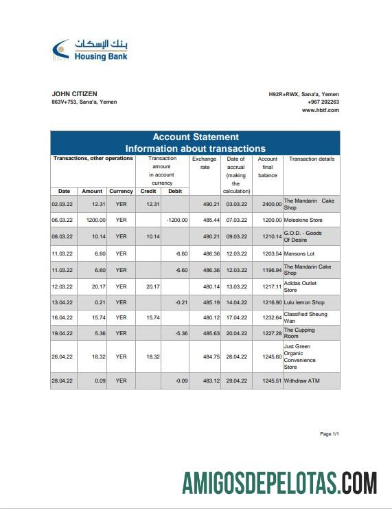 Extrato realista do Banco de Habitação do Iêmen, modelo Excel e PDF