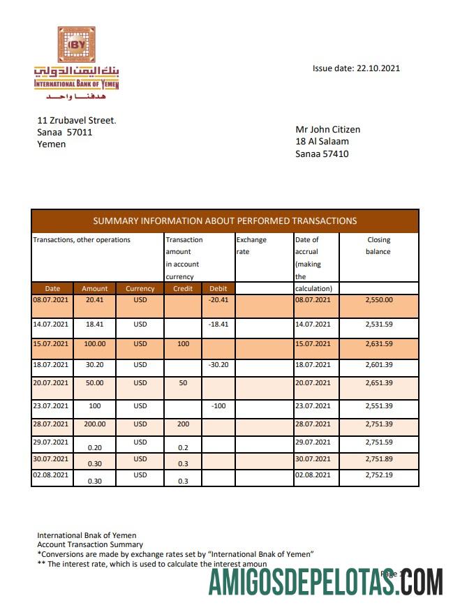 Exemplo de PDF do Excel do Banco Internacional do Iêmen