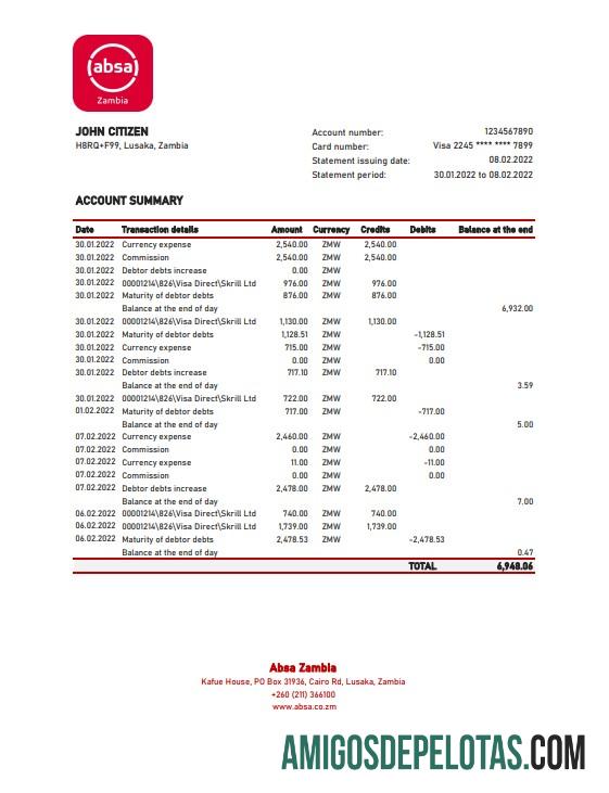 Extrato bancário realista da Zâmbia Absa, modelo Excel e PDF