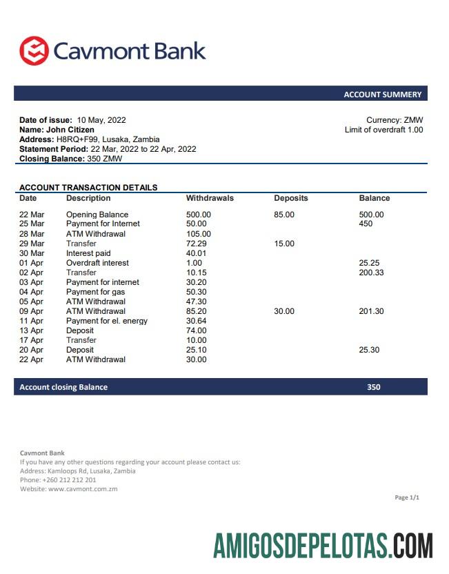 Exemplo de extrato bancário Cavmont da Zâmbia