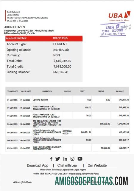 Modelo realista de extrato bancário do Zambia United Bank For Africa em Word e PDF