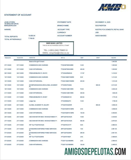 Extrato bancário do Zimbabwe NMB para download, modelo Word e PDF