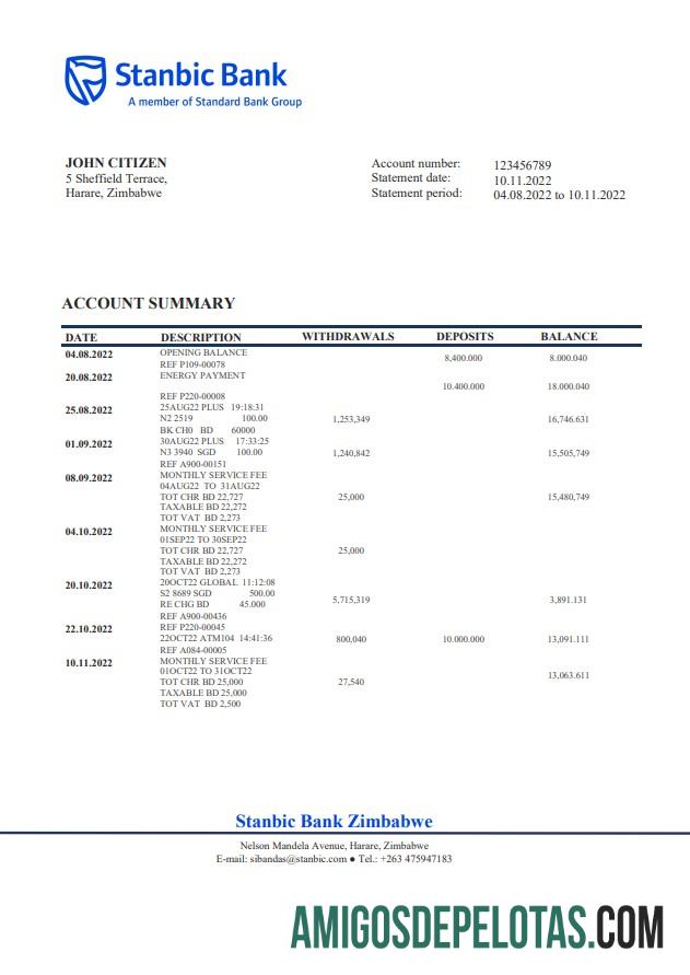 Zimbabwe Stanbic modelo de extrato bancário