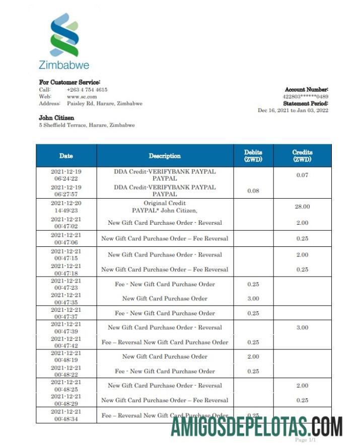Modelo de extrato bancário Standard Chartered do Zimbábue