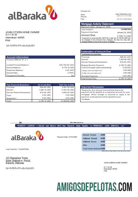Declaração de hipoteca Al Baraka do Paquistão em formatos Word e PDF exemplo real