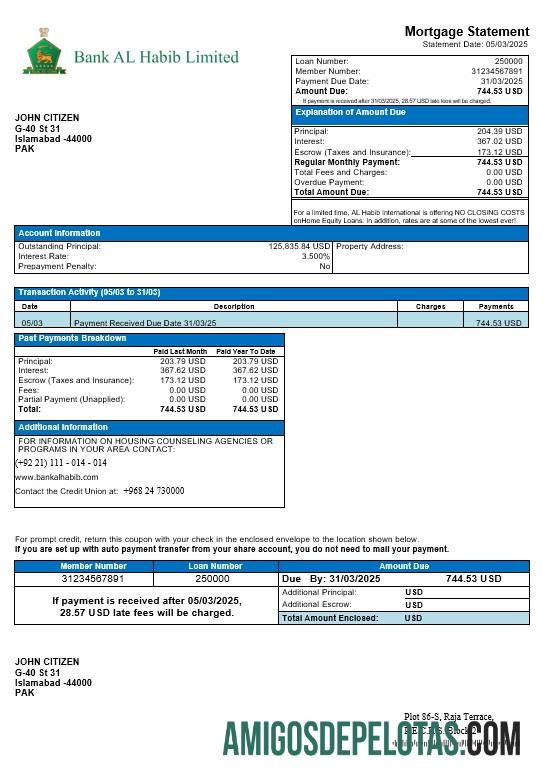 Declaração de hipoteca do Banco do Paquistão Al Habib em formatos Word e PDF baixar para verificação