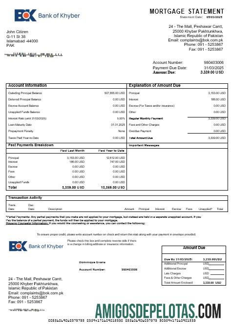 Declaração de hipoteca do Banco de Khyber no Paquistão em formatos Word e PDF exemplo
