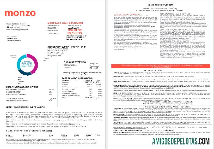 Extrato de empréstimo hipotecário do Monzo Bank do Reino Unido em formatos Word e PDF, baixar para verificação