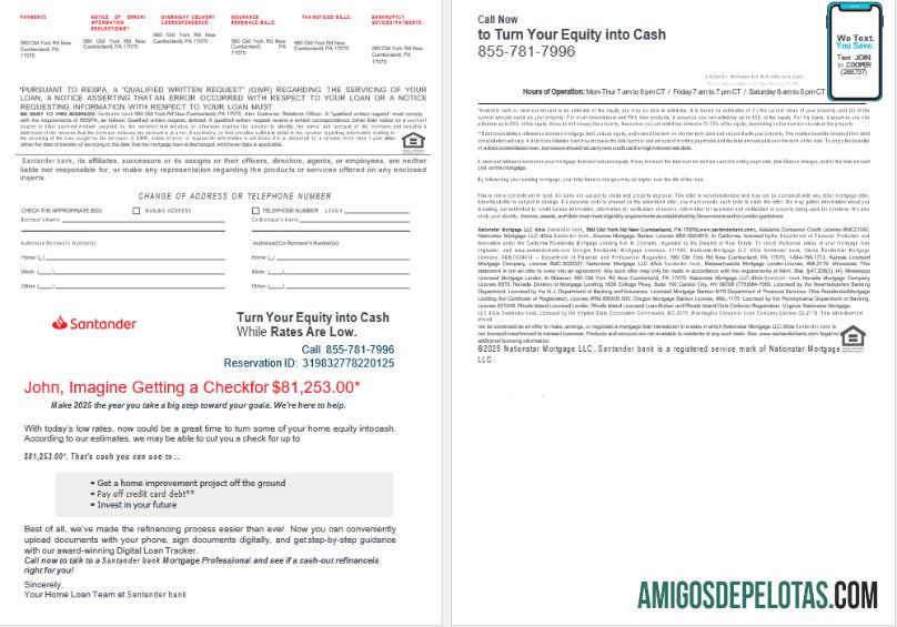 Extrato de empréstimo hipotecário do Banco Santander dos EUA em formatos Word e PDF amostra