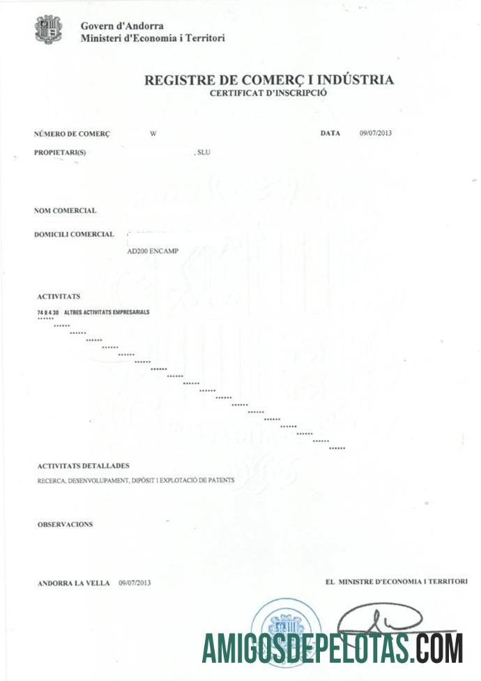 Andorra Commercial And Industrial Registration amostra