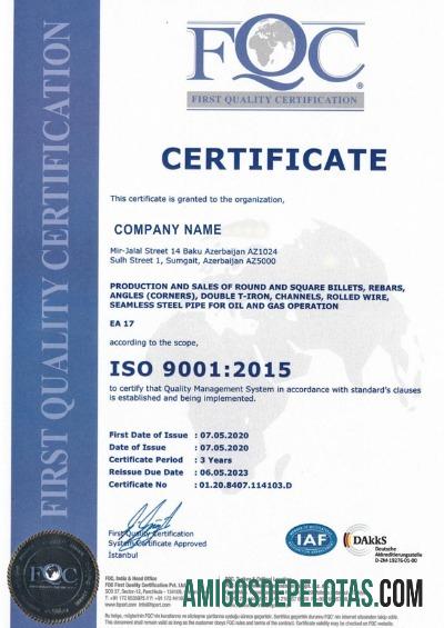 Exemplo de certificado de registro do Azerbaijão