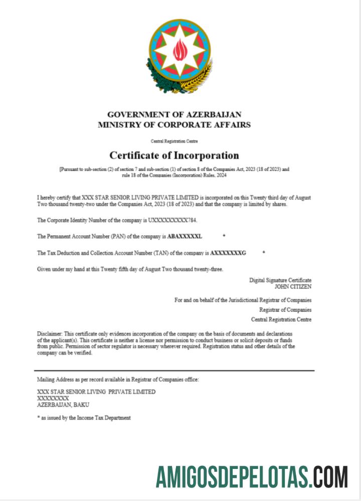 Certificado de registro realista do Azerbaijão modelo Word e PDF