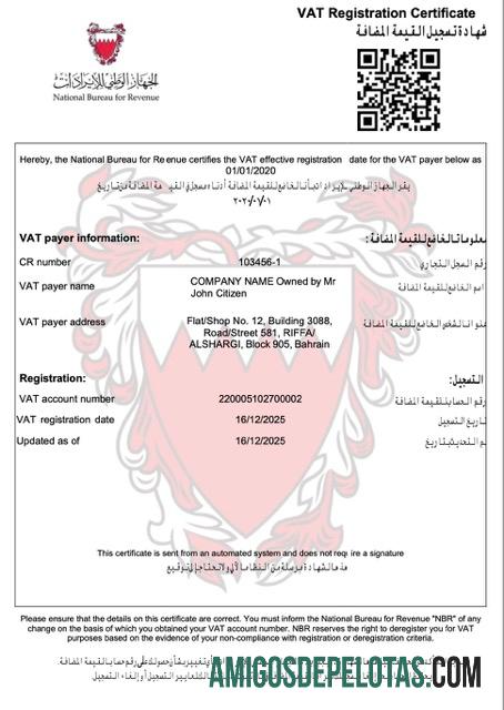 Certificado de registro de IVA do Bahrein para impressão, modelo Word e PDF