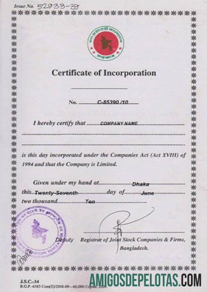 Bangladesh Certificate Of Incorporation amostra