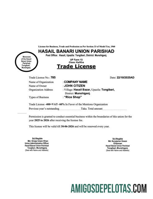 Licença comercial de Bangladesh Munshiganj para download, modelo Word e PDF