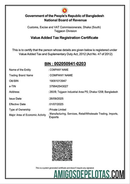 Certificado de registro de IVA de Bangladesh para impressão, modelo Word e PDF, versão 2