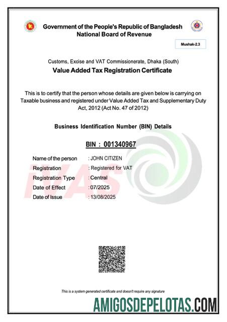 Certificado de registro de IVA de Bangladesh para download, modelo Word e PDF