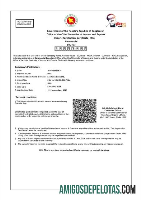 Certificado de registro de importação de Bangladesh para impressão, modelo Word e PDF