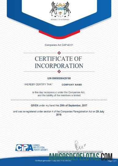 Botswana Certificate Of Incorporation amostra