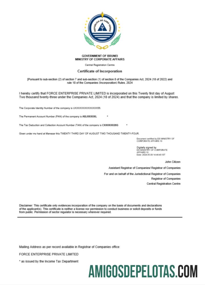 Certificado de Registro de Cabo Verde para impressão, modelo Word e PDF
