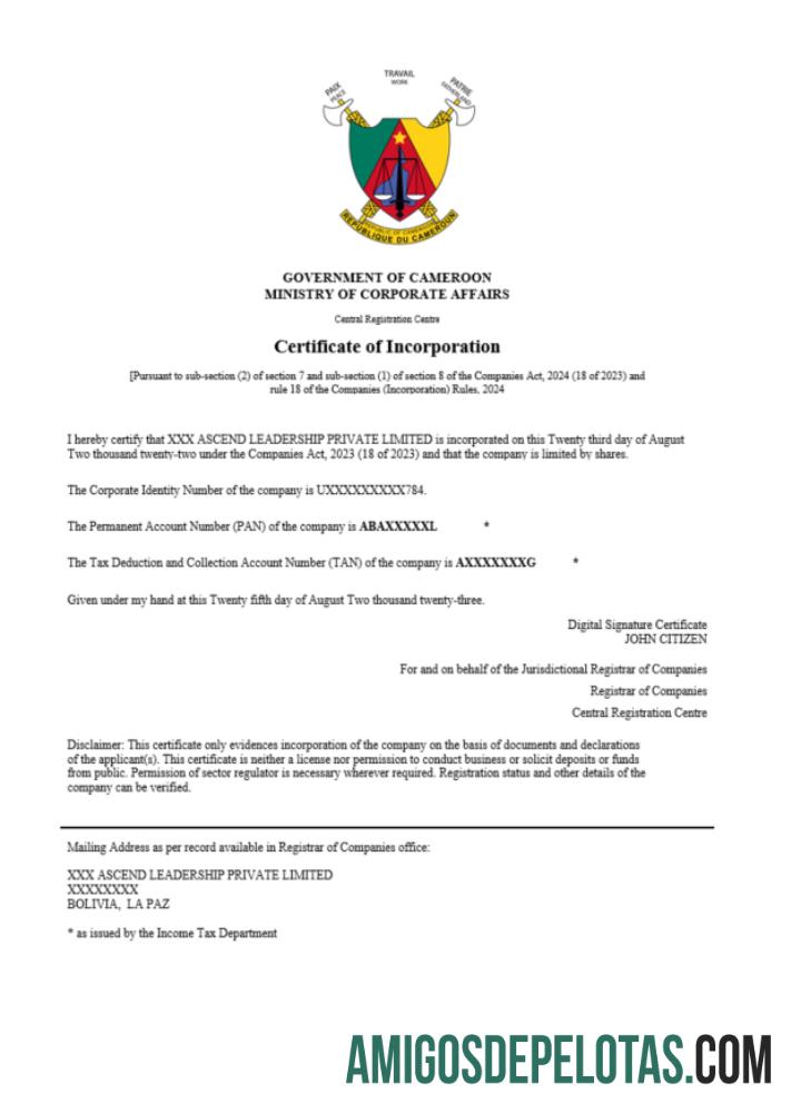 Modelo realista de certificado de registro de Camarões em Word e PDF