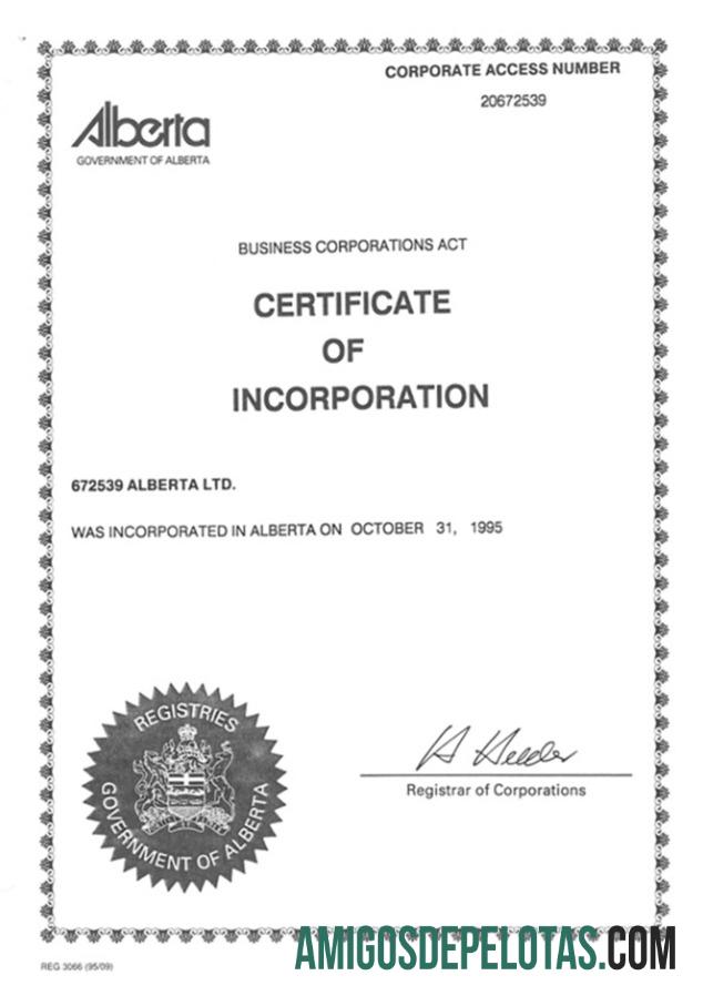 Canada Certificate Of Incorporation modelo