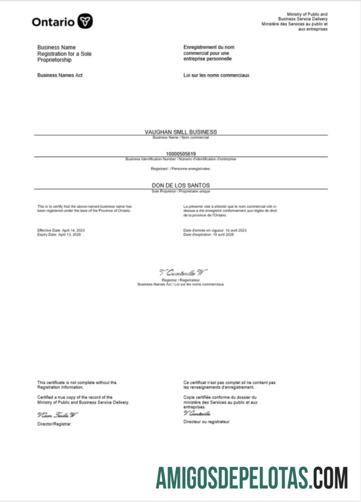 Certificado de registro comercial do Canadá, Ontário, modelo Word e PDF para download