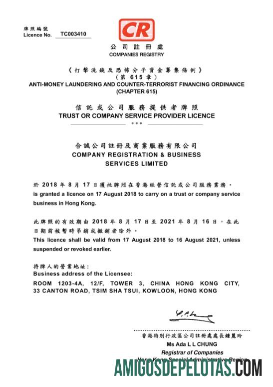 Exemplo de licença de provedor de serviços da China Trust ou Company