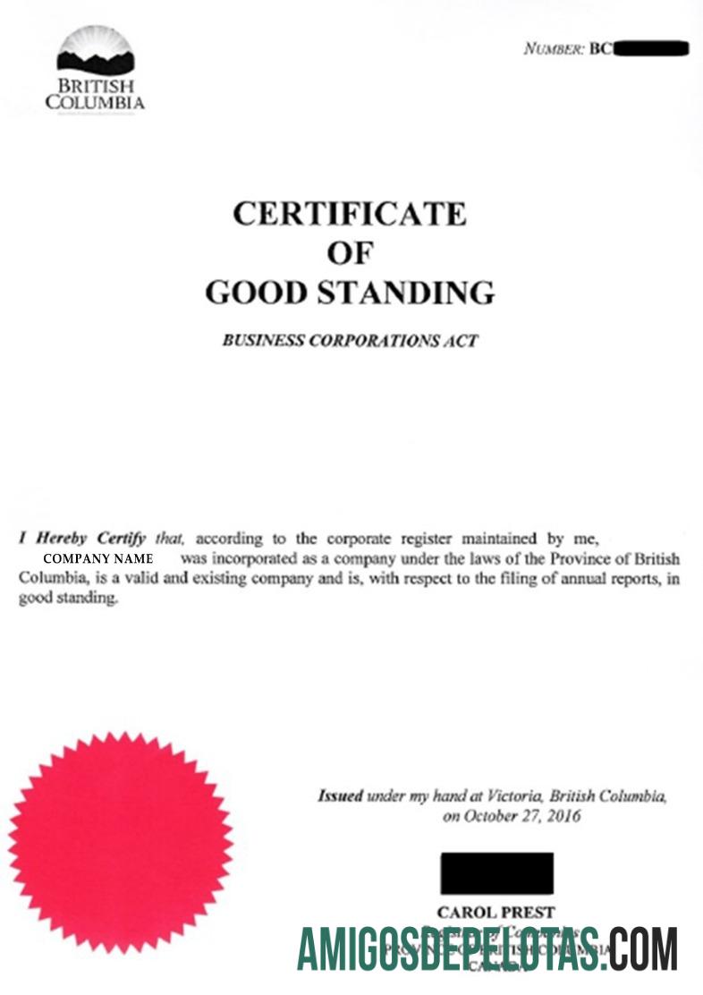 Columbia Certificate Of Good Standing amostra